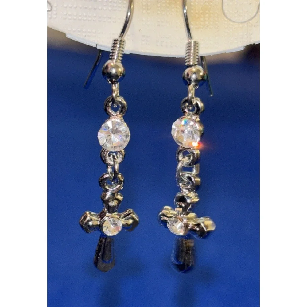 Clear Crystal Rhinestones and Cross w Silver Hooks Dangle Drop Pierced Earrings